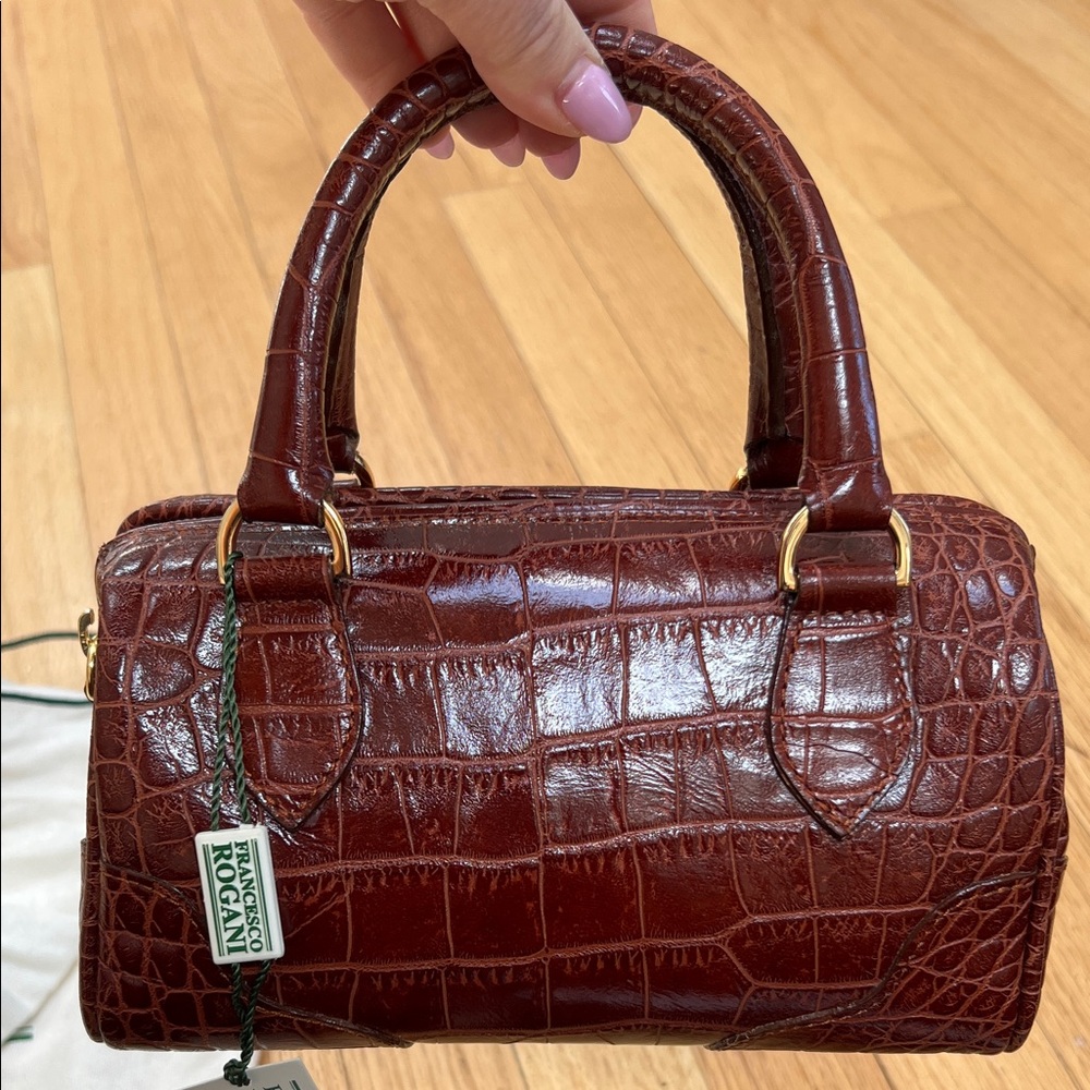 Italian Croc-Embossed Mini Satchel Burgundy/Brown Top-Handle Bag - Picture 6 of 7